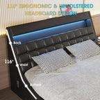 Vabches Full Size Bed Frame with Wave-Like Curve Design PU Leather Upholstered Platform Bed Frame w Charging Station&LED Lights