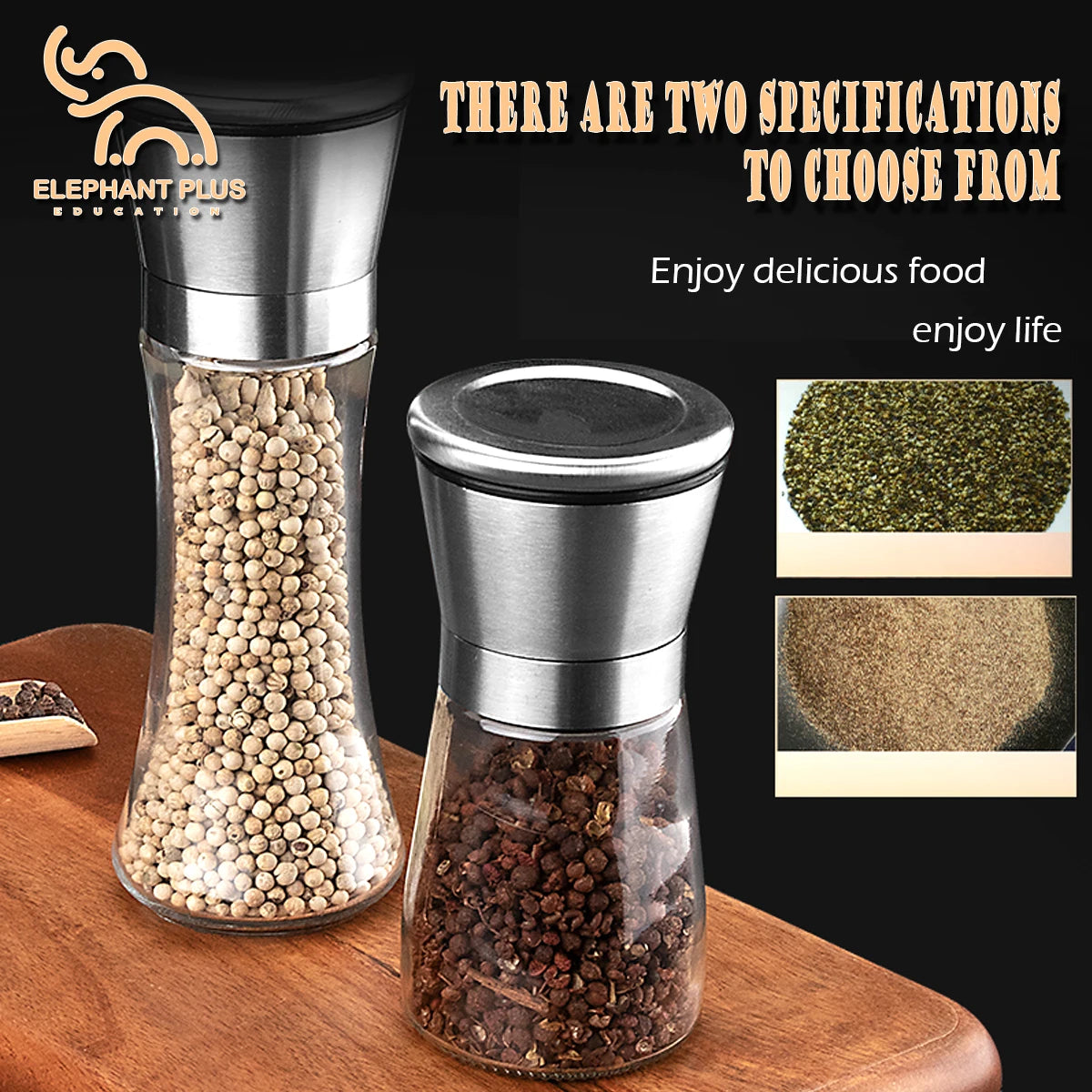Kitchen Grinder 304 Stainless Steel - for Pepper, Sea Salt & Spices, Adjustable Coarse to Fine, Refillable with Glass Jar