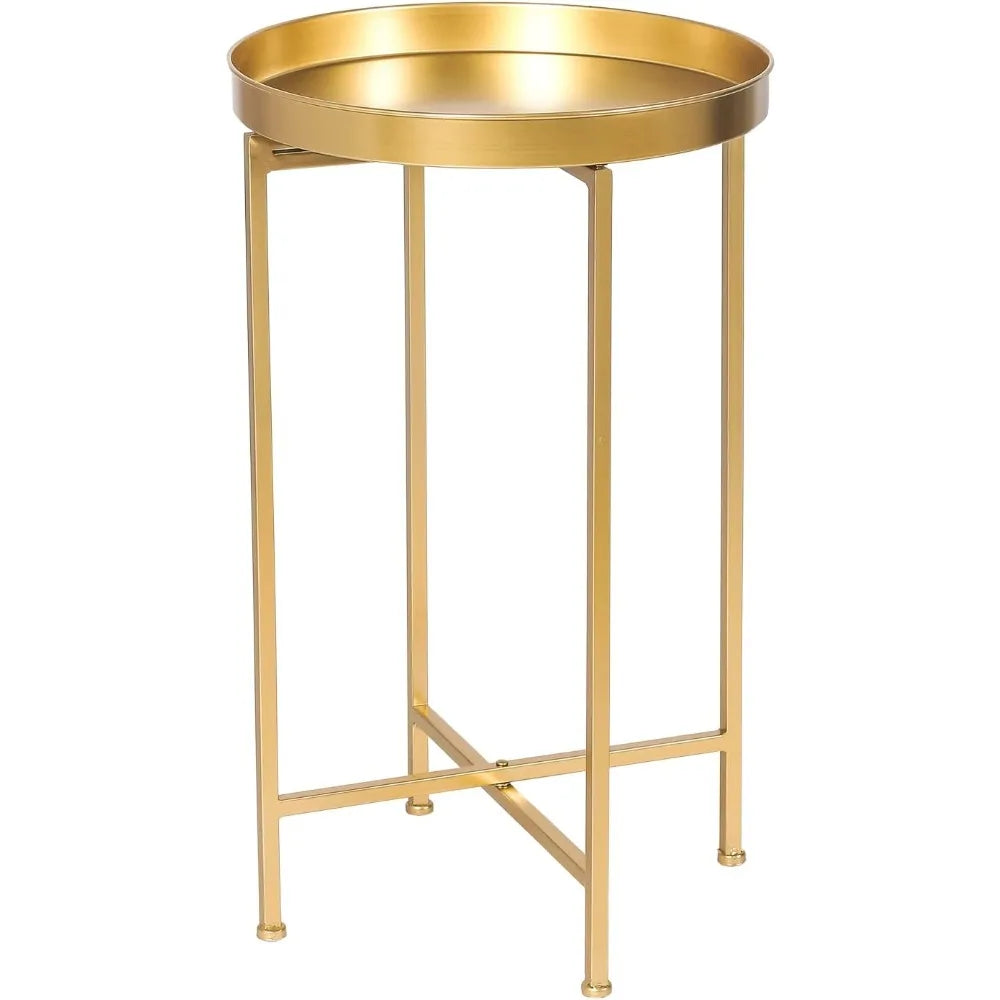 Tray Metal End Table, Gold Round Foldable Side Table Small Decorative Sofa Snack Coffee Plant Stand Table (Golden Tray)