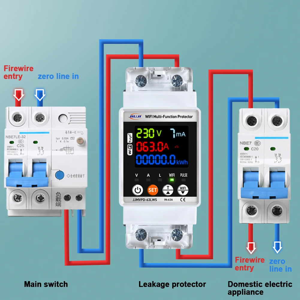 Tuya WiFi 63A Smart Energy Meter Multifunction Automatic Reclosing Protector Circuit Breaker Overvoltage Overcurrent Protection