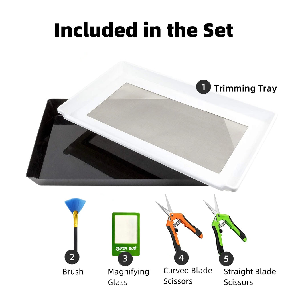 2-in-1 Trimming Tray Harvest Trim Bin Set for Buds Herb Flower Trimming Scissors 150 Micron Fine Mesh Dry Sift Pollen Screen