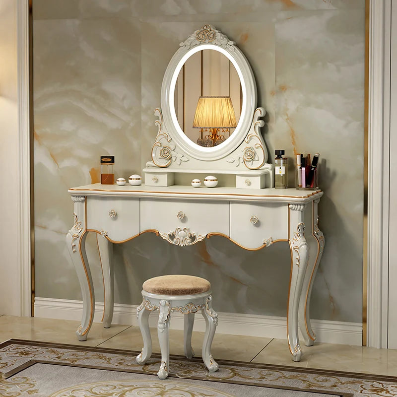 European Luxury Vanity Table Bedroom Mid Century White Makeup Dressing Table Cosmetics Chair Penteadeira Postmodern Furniture