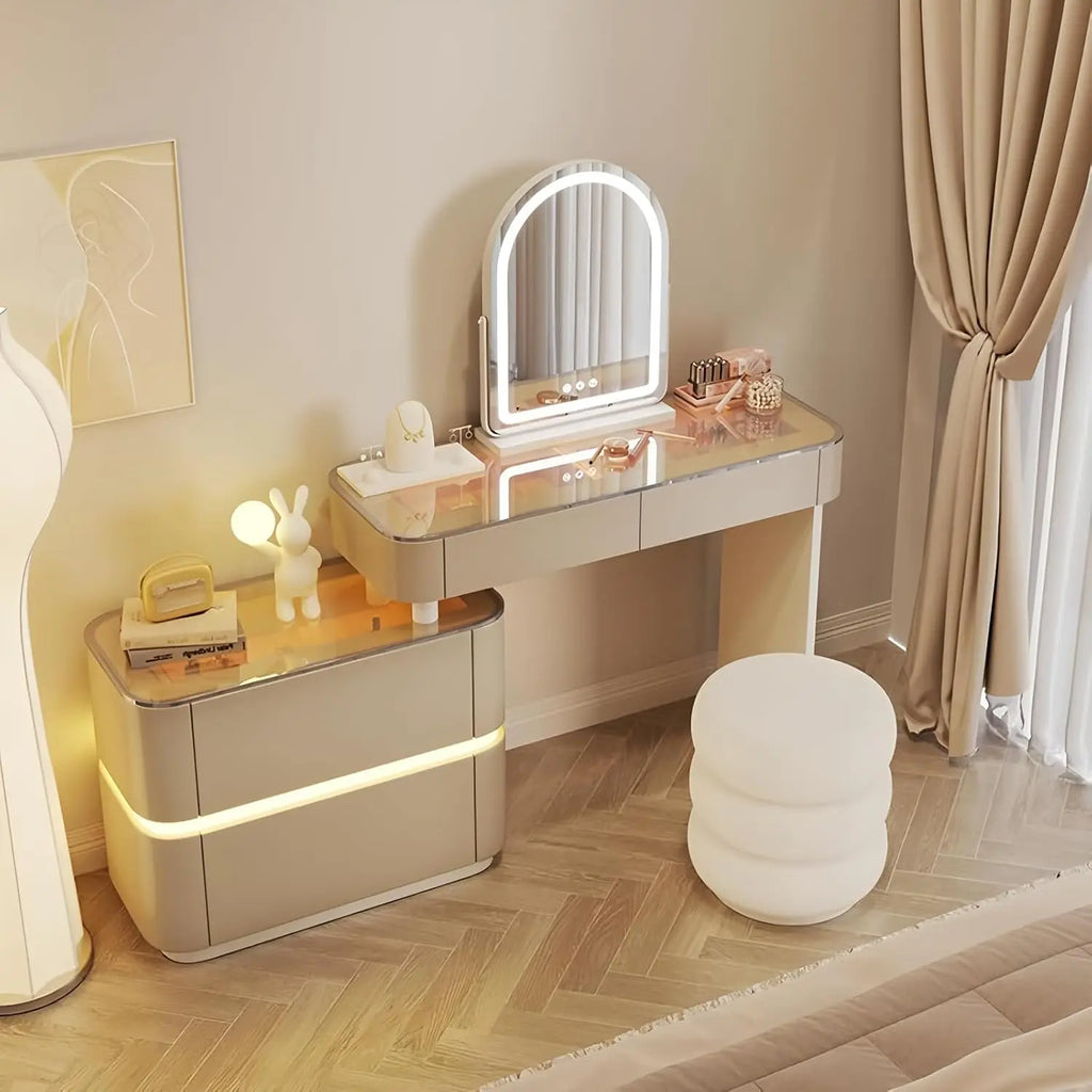 Vanity Set Solid Wood Vanities Desk with LED Smart Mirror and Drawers Modern Vanity Table with Glass Countertop and Makeup Stool