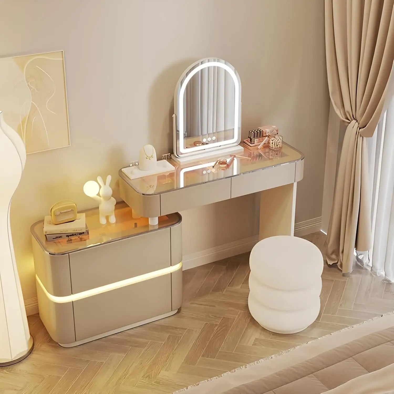 Vanity Set Solid Wood Vanities Desk with LED Smart Mirror and Drawers Modern Vanity Table with Glass Countertop and Makeup Stool
