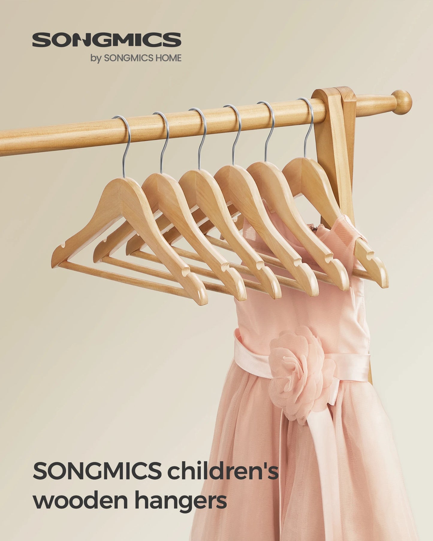 SONGMICS Kids Wooden Hangers 20 Pack, Solid Wood Baby Hangers, Children's Coat Hangers with Pants Bar, Shoulder Notches