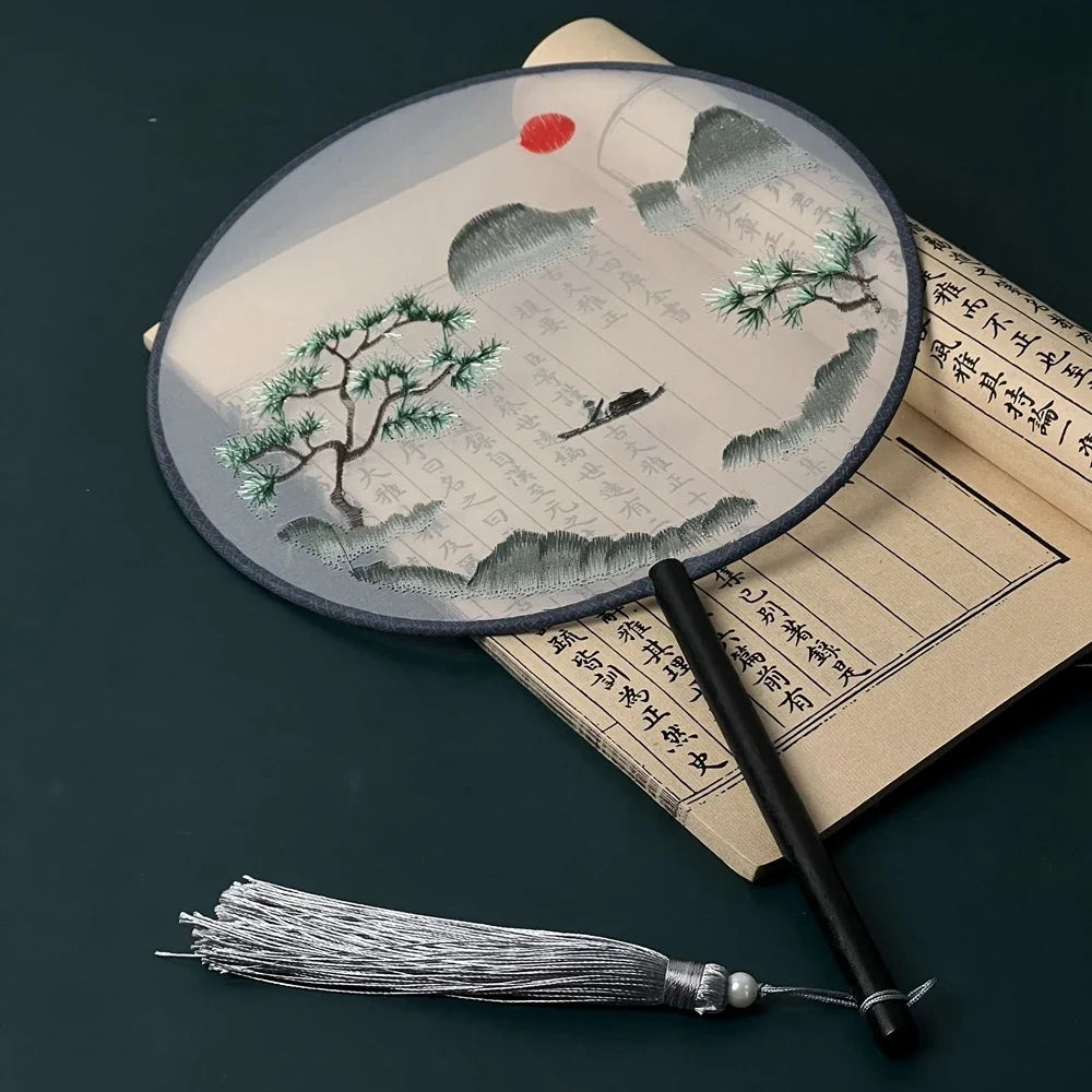 Chinese Ancient Style Round Fan Silk Embroidered Cheongsam Fan Dance Performance Photography Props Vintage Home Decor