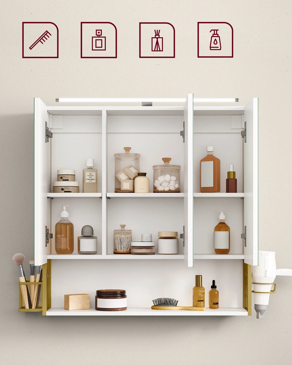 VASAGLE wardrobe bathroom mirror with lighting, bathroom wardrobe, integrated cable, bathroom wardrobe, wall wardrobe