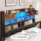 Queen Bed Frame with 4 Drawers and Hidden Storage Headboard,LED Bed Frame with Marshmallow Storage and Charging Station,Light up