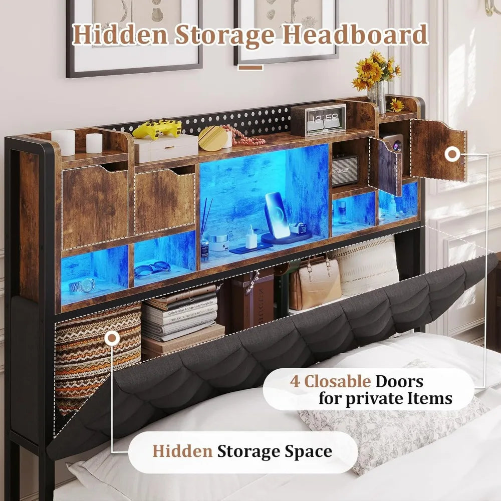 Queen Bed Frame with 4 Drawers and Hidden Storage Headboard,LED Bed Frame with Marshmallow Storage and Charging Station,Light up