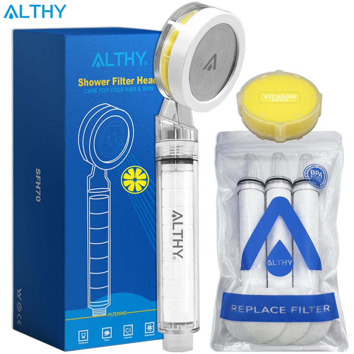 ALTHY Vitamin C Handheld Shower Head Filter,High Pressure SPA Softener Water,Whiten&Moisturizing Dry Itchy Skin,Reduce Hair Loss