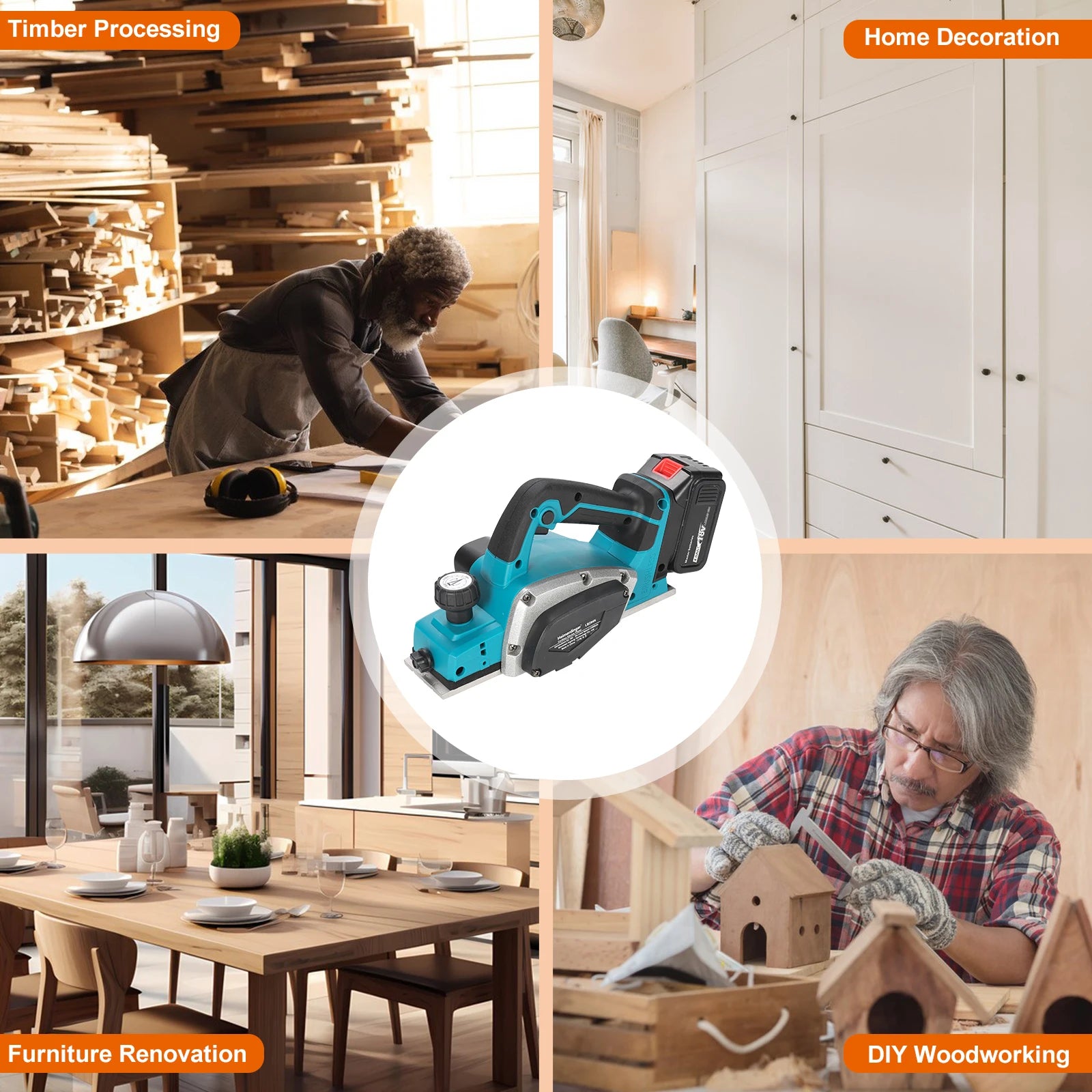 Heimerdinger 18V Rechargeable Lithium Battery Powered Handheld Woodworking Tool Brushless  Cordless Electric Planer, No battery