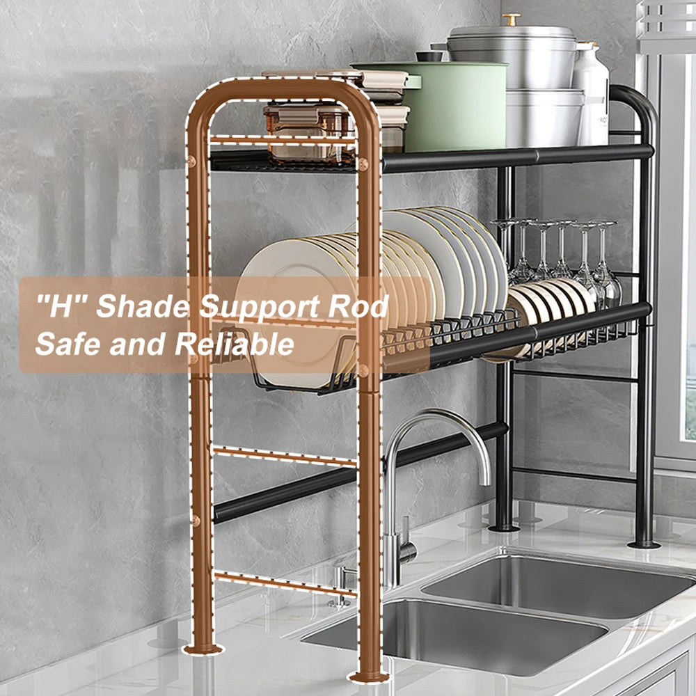 2 Tier Over Sink Dish Drying Rack, Large Metal Kitchen Dish Rack with Utensil Holder, Space Saving Dish Drainer for Kitchen