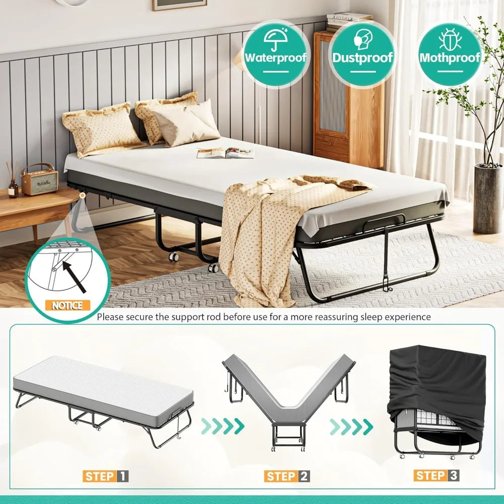 Folding Bed with 5 Inch Mattress, 75” x 38” Portable Rollaway Bed with Memory Mattress and Metal Frame for Adults,Guest