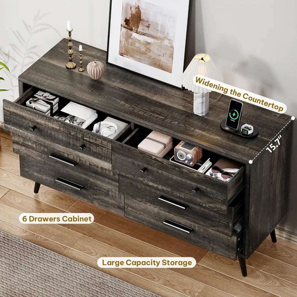 6-Drawer Dresser, Wood Storage Cabinet with Black Metal Handles & Anti-Tip Design, Modern Chest of Drawers for Living Room, Bed