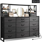 Bedroom 15 & Adjustable Shelves, Tall Dresser with Charging Station, Chest of Drawers for Closet
