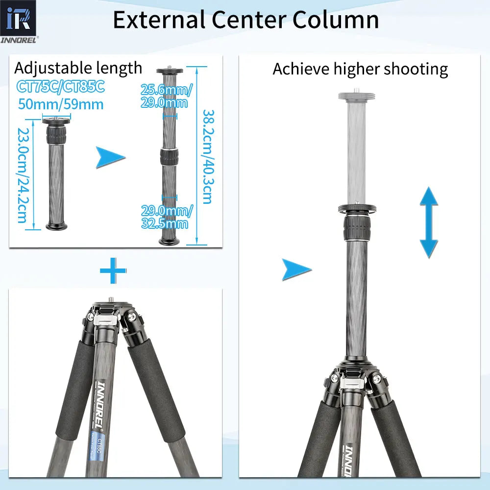 INNOREL CT75C/85C Carbon Fiber Tripod for DSLR Camera Heavy Duty Stand Low Gravity Center Ballhead with Adjustable Center Column