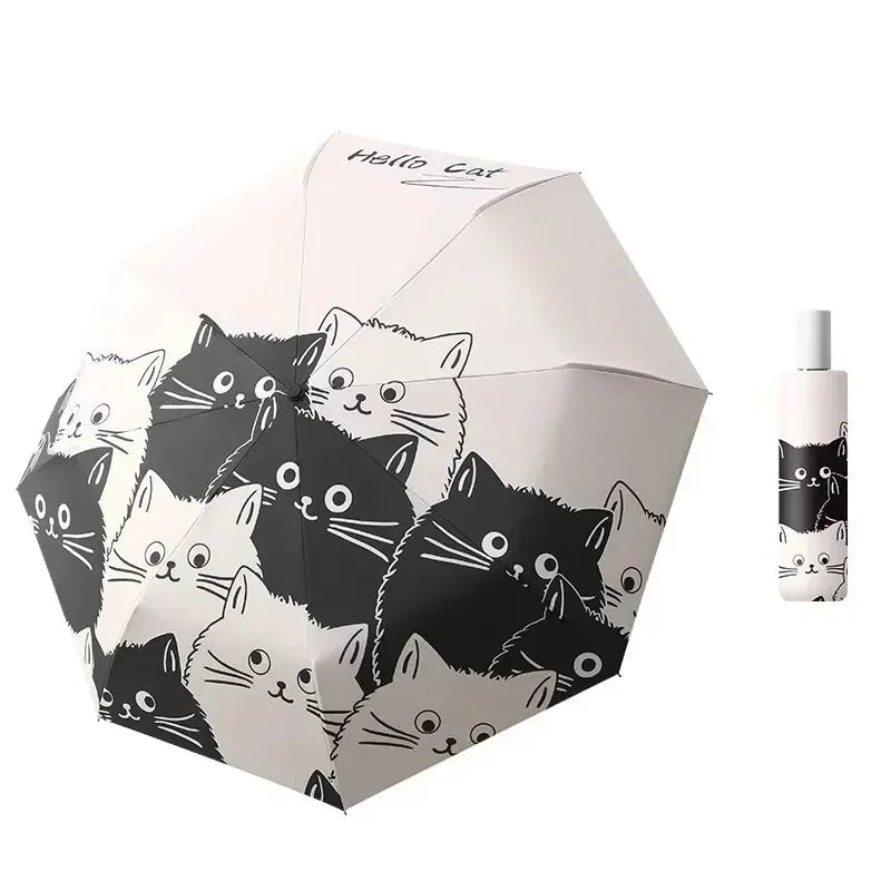 Simple Cartoon Kittens Printed Black And White Umbrella, Sunny And Rainy Dual-use UV Protection Umbrella