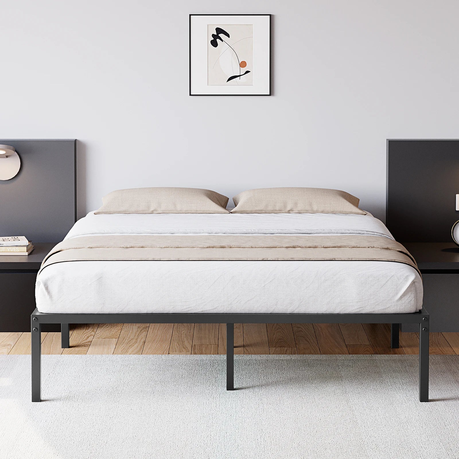 Twin/Full/Queen Size Modern Metal Bed Frame No Box Spring Needed Reinforced Steel Structure with Heavy Duty Metal Slats