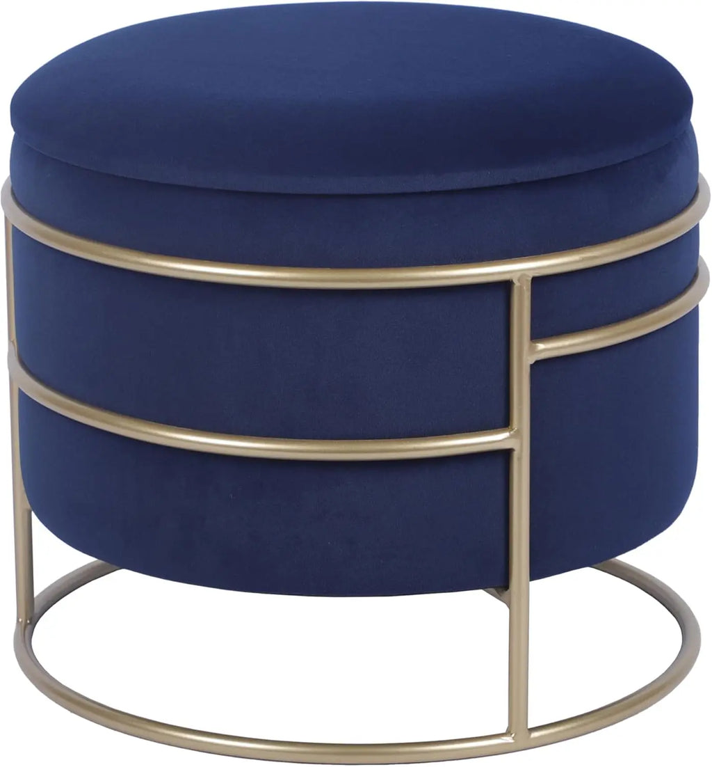 Elegant Velvet Round Ottoman With Gold Frame And Storage (Blue)