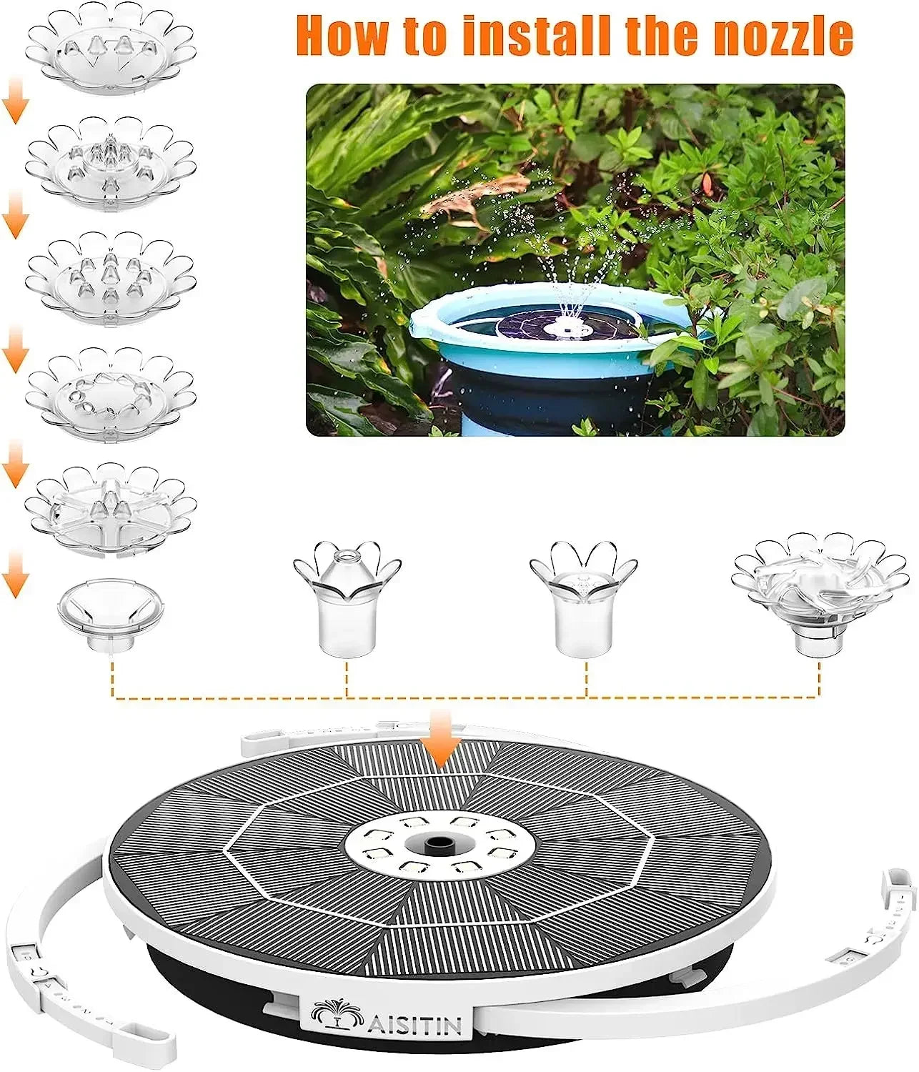 3.5W LED solar fountain pump with LED color light and 1500mah battery, 3 retractable supports for bird bath, pond, garden