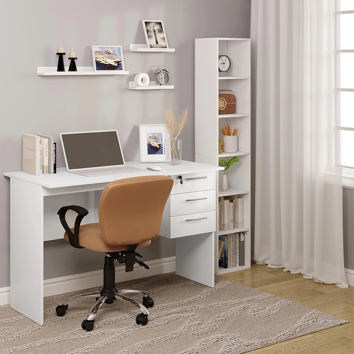 WOLTU Computer Desk PC Laptop Table Office Desk with 3 Drawers and Lock Black/ White Chipboard Table for Bedroom Living Room