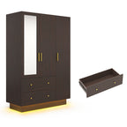 Modern Wooden Armoire Wardrobe Closet with Hanging Rod for Bedroom, 3 Door Wardrobe Closet with Mirror & LED Lights,White