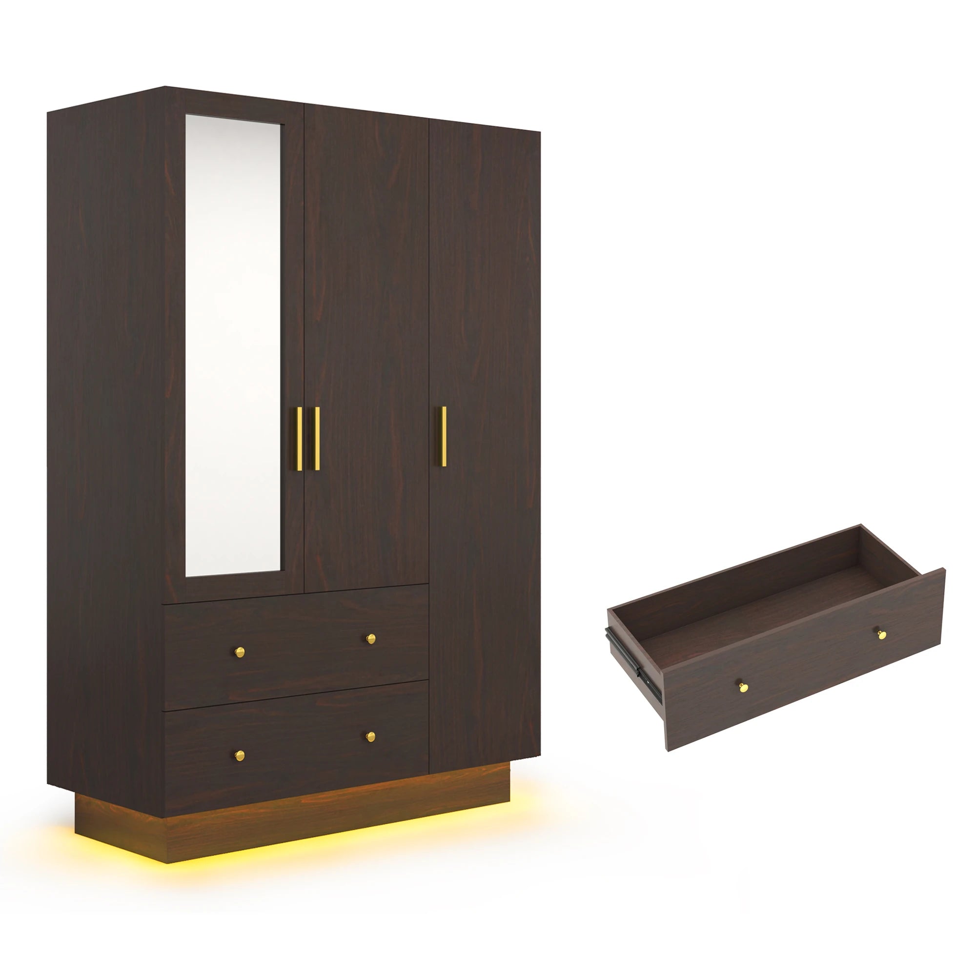 Modern Wooden Armoire Wardrobe Closet with Hanging Rod for Bedroom, 3 Door Wardrobe Closet with Mirror & LED Lights,White