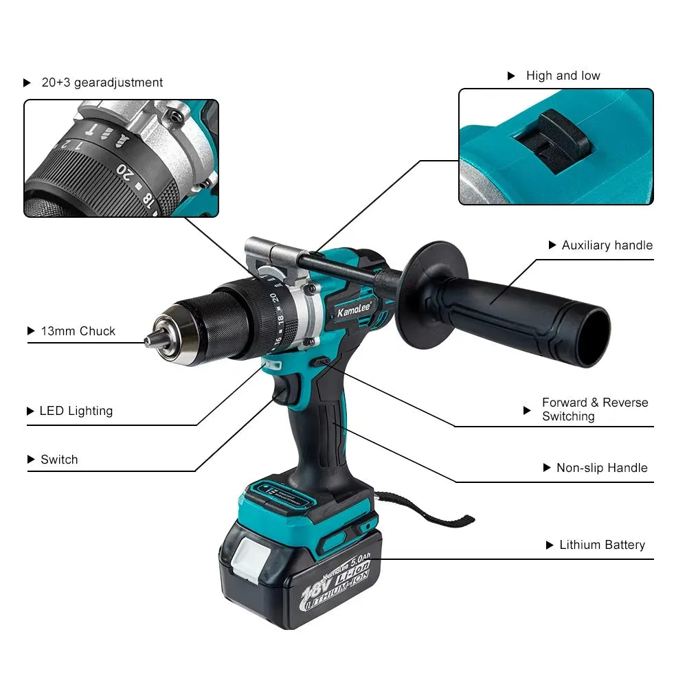 Kamolee 650N.m High Torque Brushless Electric Impact Drill 3-in-1 18V-21V Battery 13mm Handheld Cordless Screwdriver Tool Set