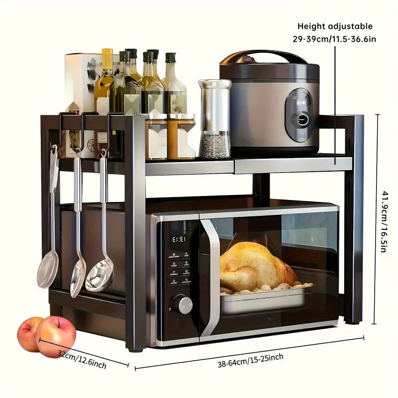 Black Metal Functional Kitchen Storage Rack 2 Colors Expandable Countertop Organizer for Microwave Oven Spice Utensils Cookware