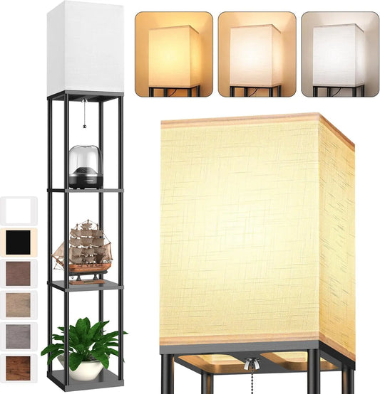 Floor Lamp with Shelves for Living Room, Shelf Floor Lamp with 3 CCT LED Bulb, Corner Display Standing Column Lamp Etagere Organ