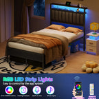 Satifur Full Bed Frames with Charging Station,LED Lights,2 Storage,Grey Upholstered Headboard with Shelves, Metal Platform Bed
