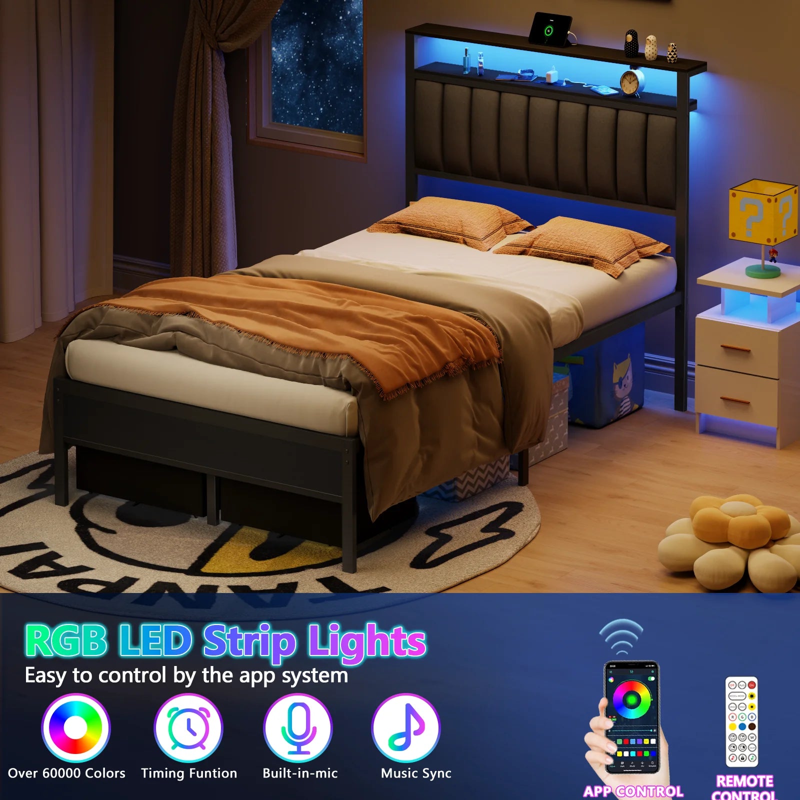 Satifur Full Bed Frames with Charging Station,LED Lights,2 Storage,Grey Upholstered Headboard with Shelves, Metal Platform Bed