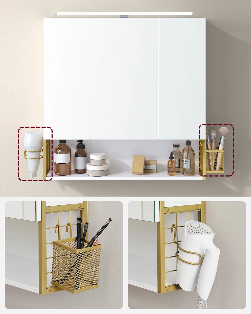 VASAGLE wardrobe bathroom mirror with lighting, bathroom wardrobe, integrated cable, bathroom wardrobe, wall wardrobe