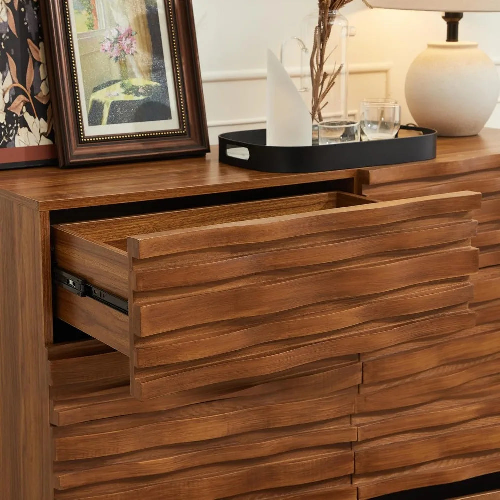 Solid Wood Face 6 Drawer Dresser,Mid Century Modern Dresser with Chest,Flutted Chest of Drawers with Moire Patten for Bedroom,