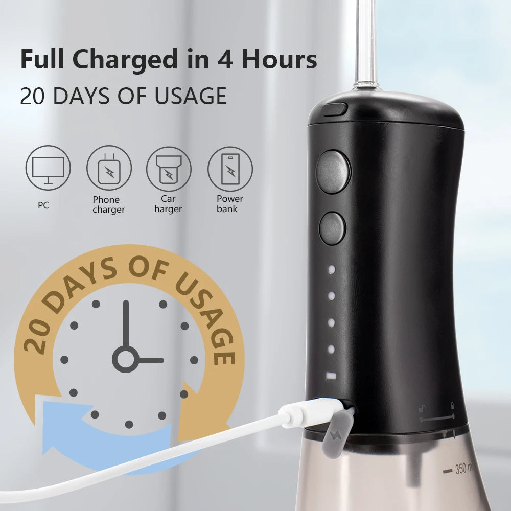 Portable Water Flosser Dental Oral Irrigator Teeth Cleaner 350ml 4 Modes Rechargeable IPX7 Waterproof for Travel Use