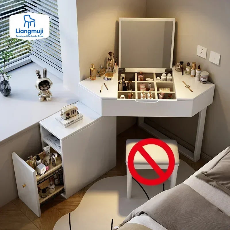 Modern Corner Dressing Vanity with Mirror and Makeup Vanity Set with Charging Station for Bedroom/Cloakroom Wooden Vanity Table