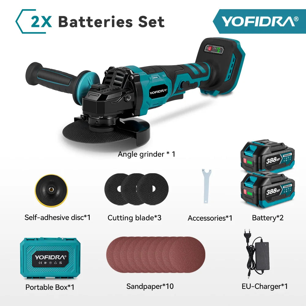 YOFIDRA 125mm Brushless Angle Grinder 3 Gears M14 Cordless Electric Impact Grinding Power Tool For Makita 18V Battery Pin