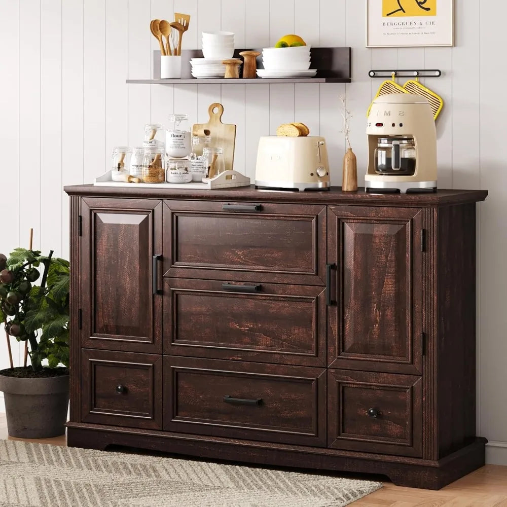 Farmhouse 48" Buffet Cabinet with Storage,Coffee Bar for Kitchen,Living Room,Wood Rustic Sideboard Cabinet w/5 Drawers&2 Groove