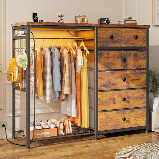 49.2" W Dresser for Bedroom with Hanging Rack 6 Drawers Dresser with LED Lights & Charging Station, Fabric Dressers