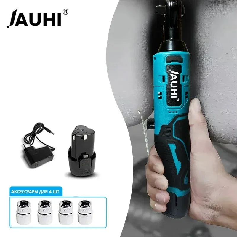 JAUHI 12V Cordless Electric Wrench 3/8'' Right Angle Ratchet Wrench Angle Drill Screwdriver Removal Screw Nut Car Repair Tool