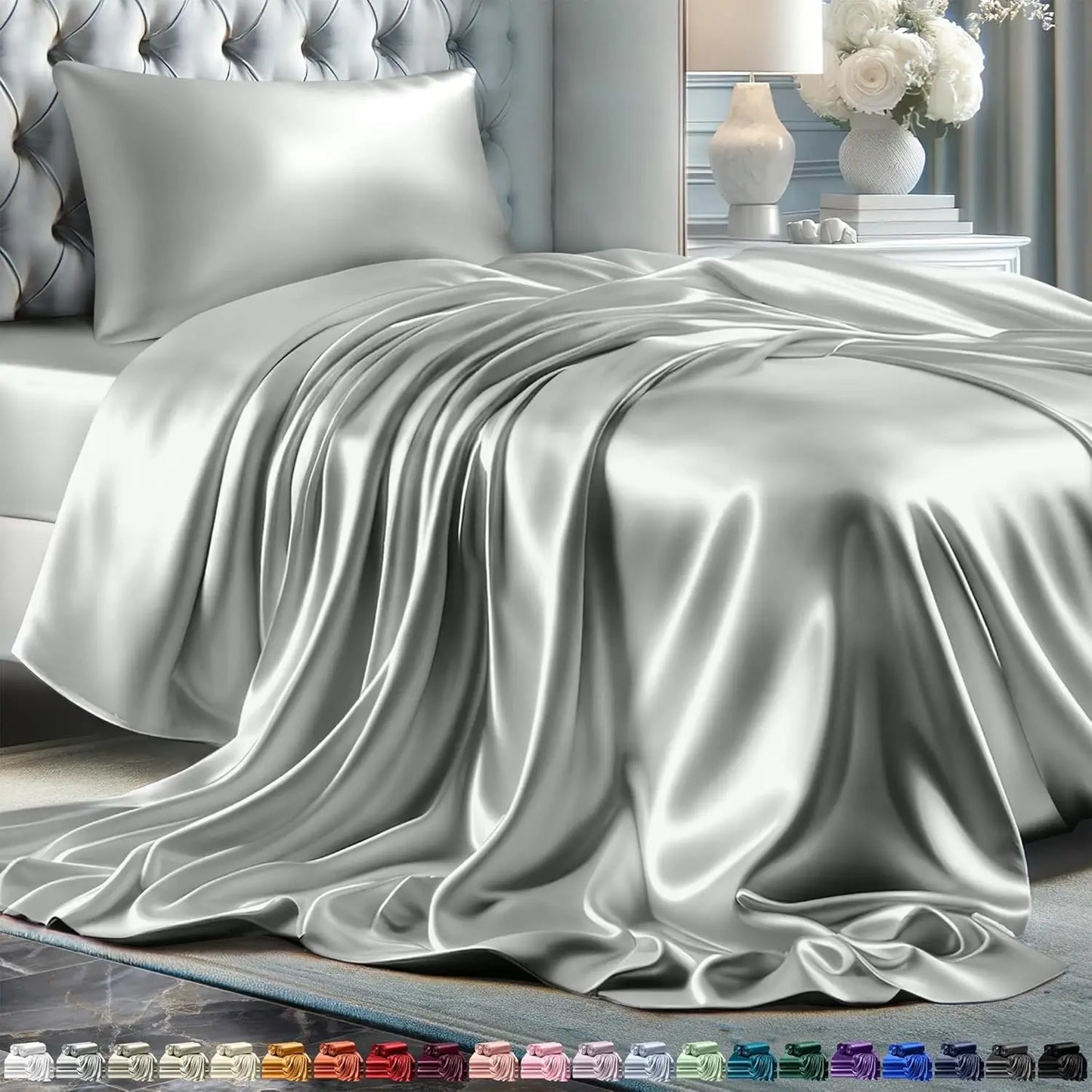 Satin Bed Sheets - 4 Piece Luxury Silky Queen Size Bedding Set, Wrinkle-Free with 15” Deep Pocket Fitted Sheet, Bedding Set