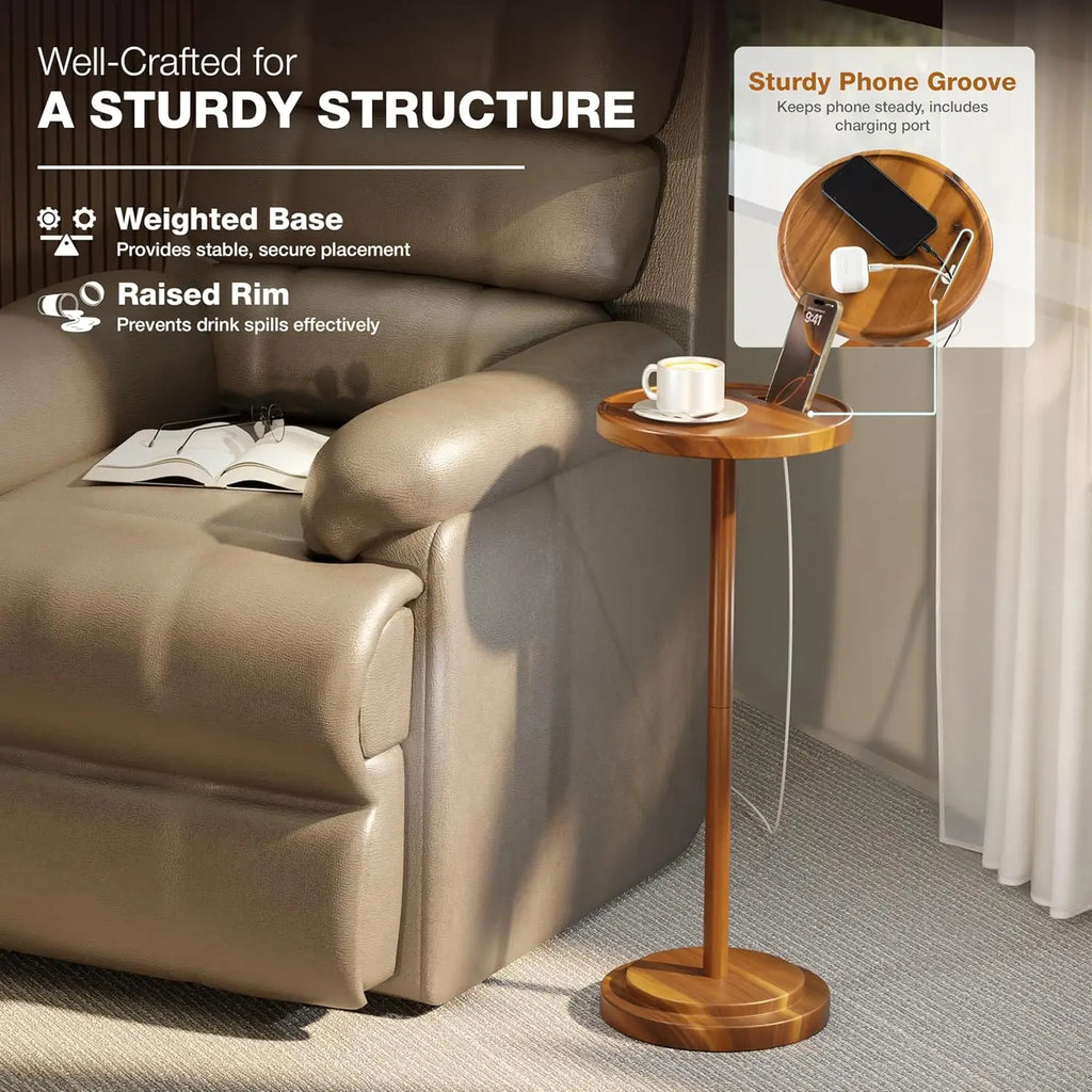 Drink Table,Compact Side Table with Phone Slot and Weighted Base, Durable Pedestal Table Accent for Living Room,Office