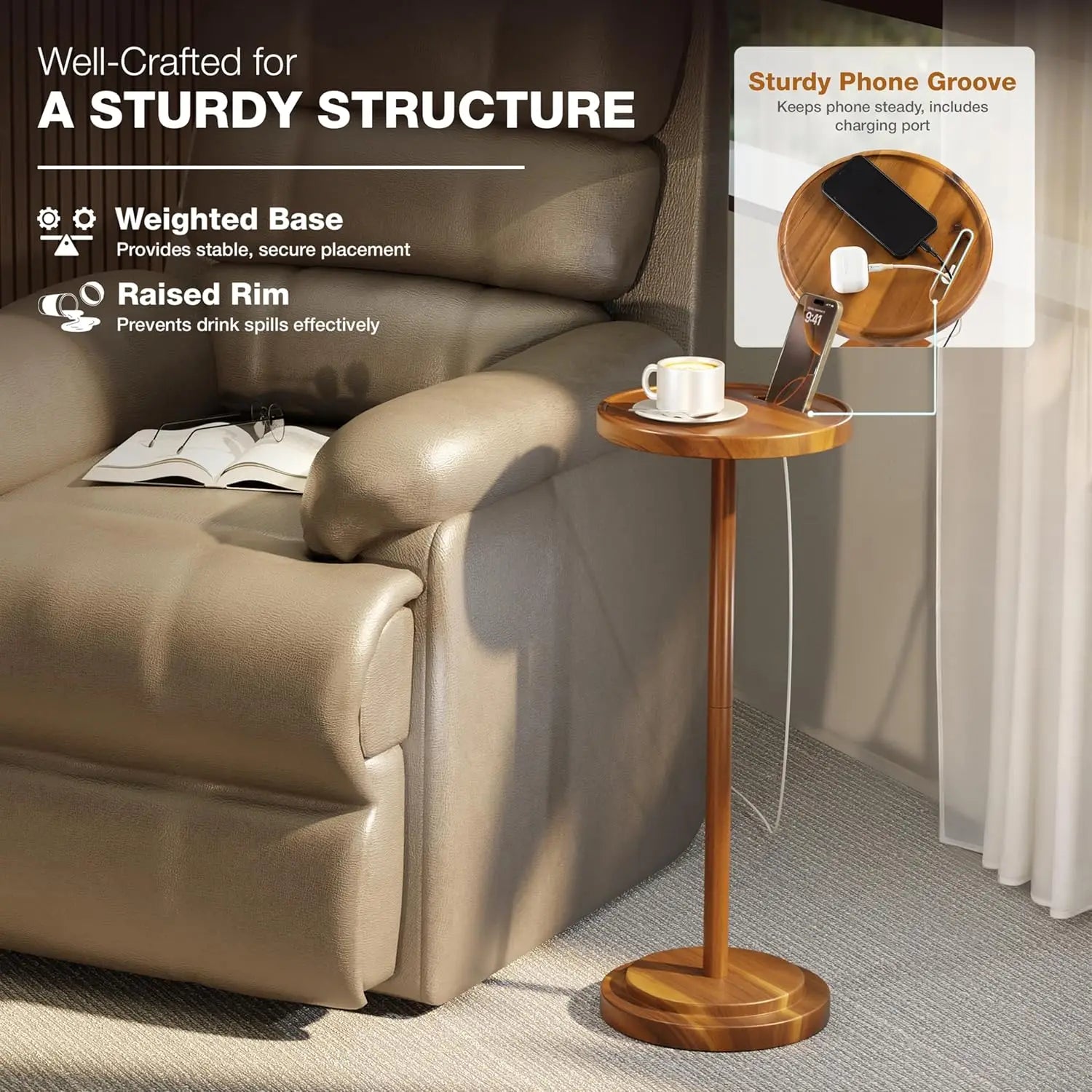 Drink Table,Compact Side Table with Phone Slot and Weighted Base, Durable Pedestal Table Accent for Living Room,Office