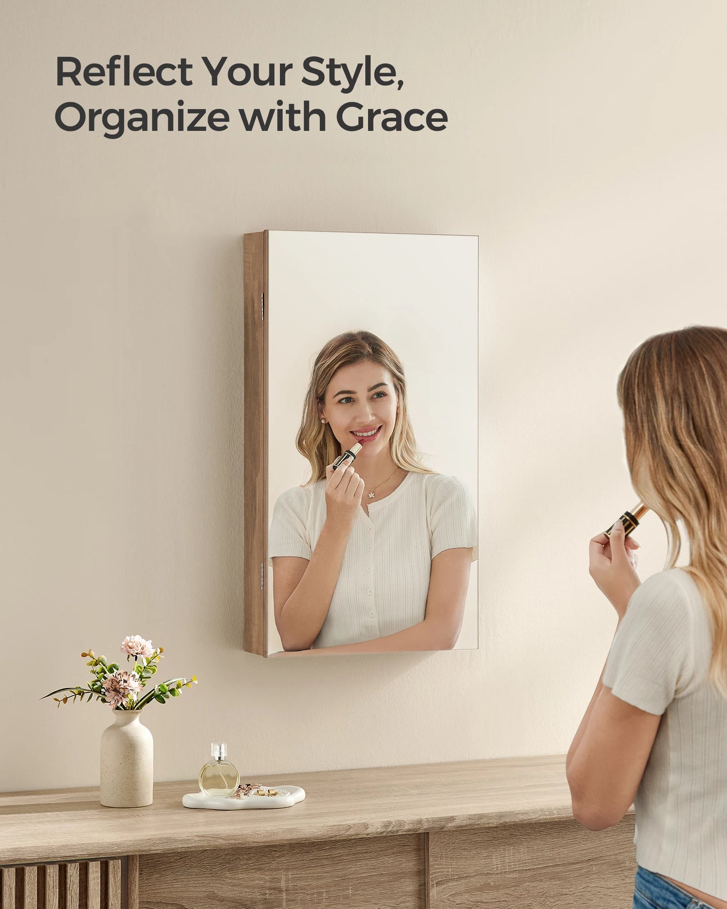 SONGMICS Mirror Jewelry Cabinet Armoire with Built-in LED Lights, Wall or Door Mounted Jewelry Storage Organizer