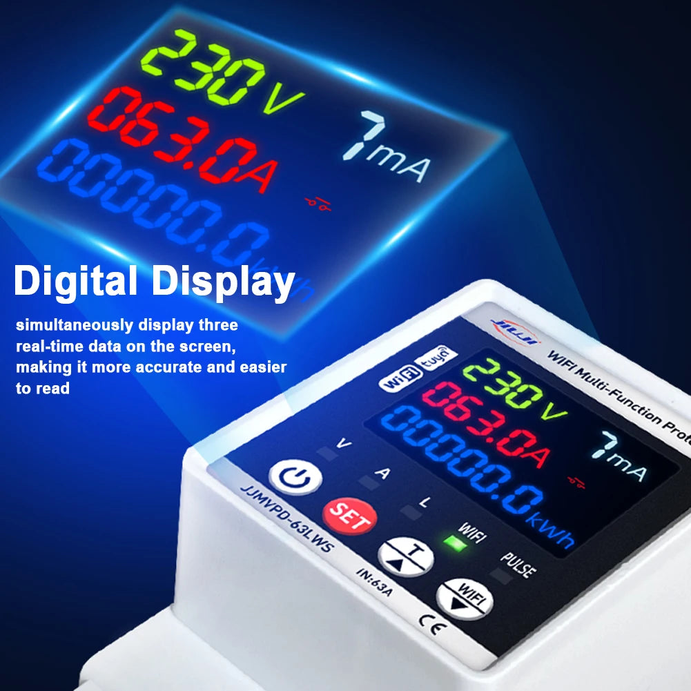 Tuya WiFi 63A Smart Energy Meter Multifunction Automatic Reclosing Protector Circuit Breaker Overvoltage Overcurrent Protection