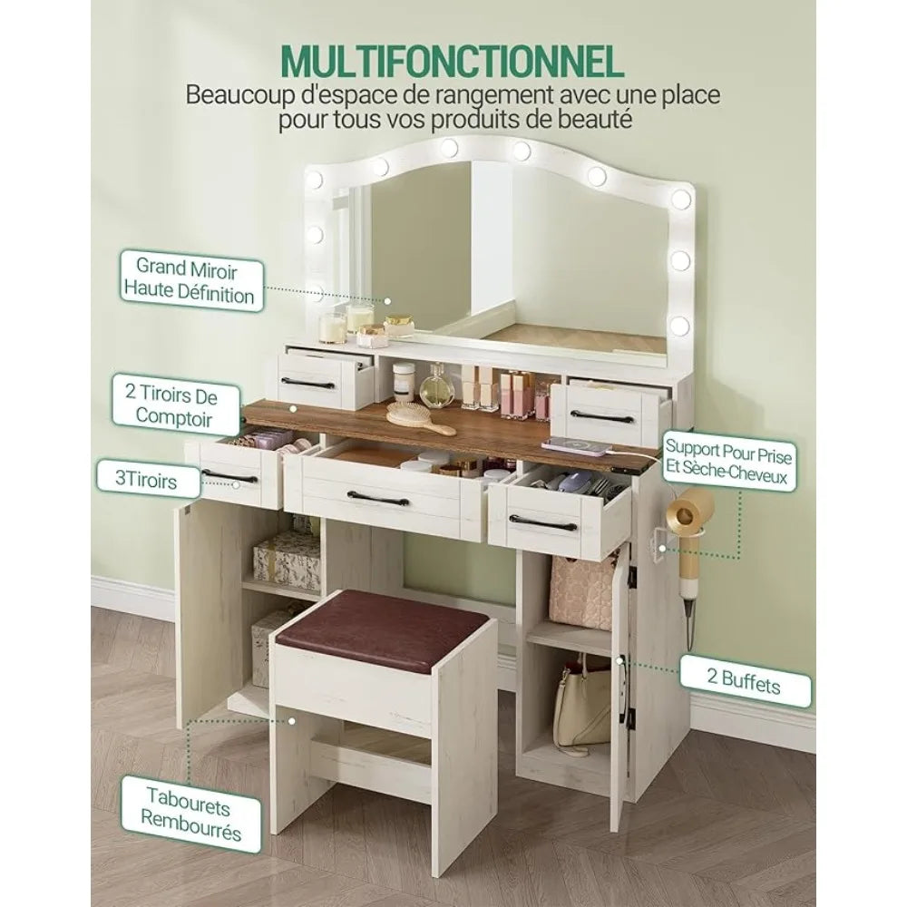 Dressing Table, with Large Mirror and LED Light, Dressing Table with Stool, Outlet and Hairdryer Holder