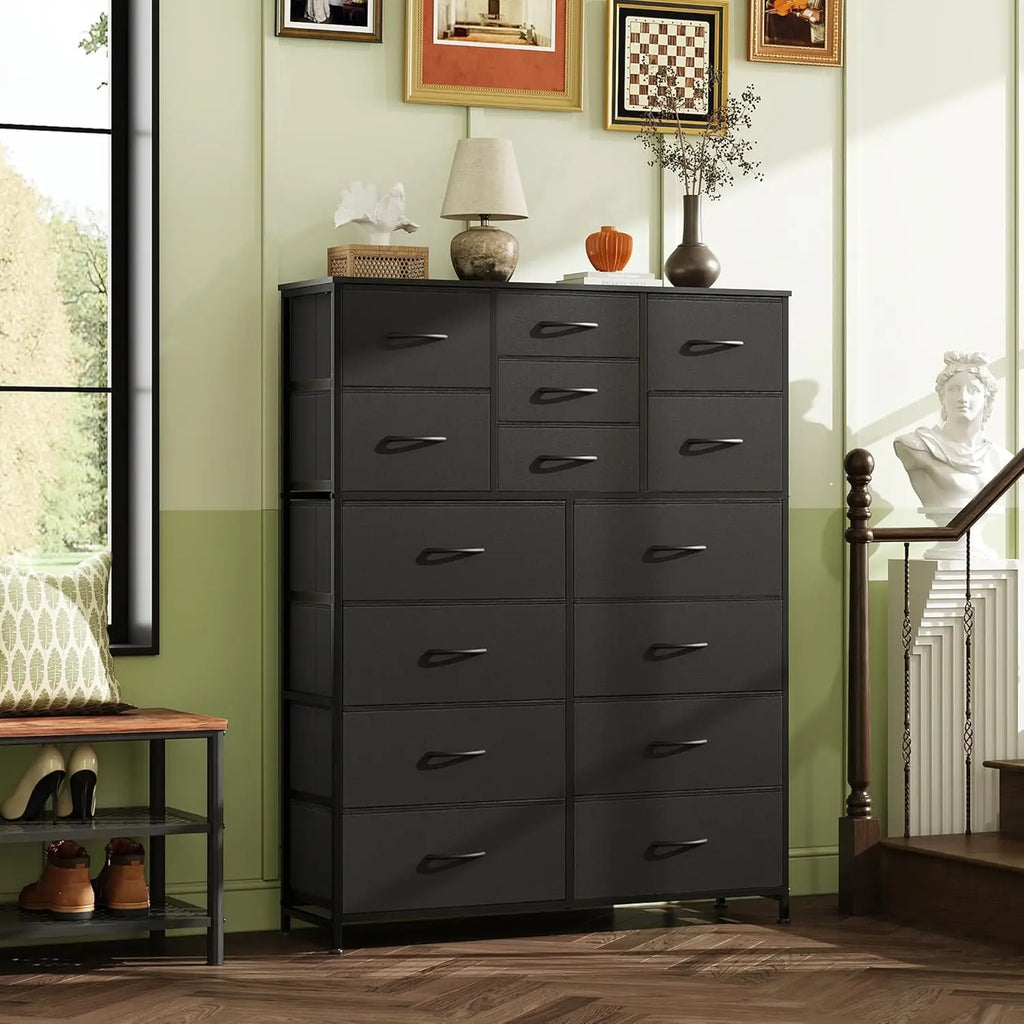 Tall Black Dresser for Bedroom Furniture, Fabric Dressers Storage Tower with 15 Deep Drawers,  Wooden Top