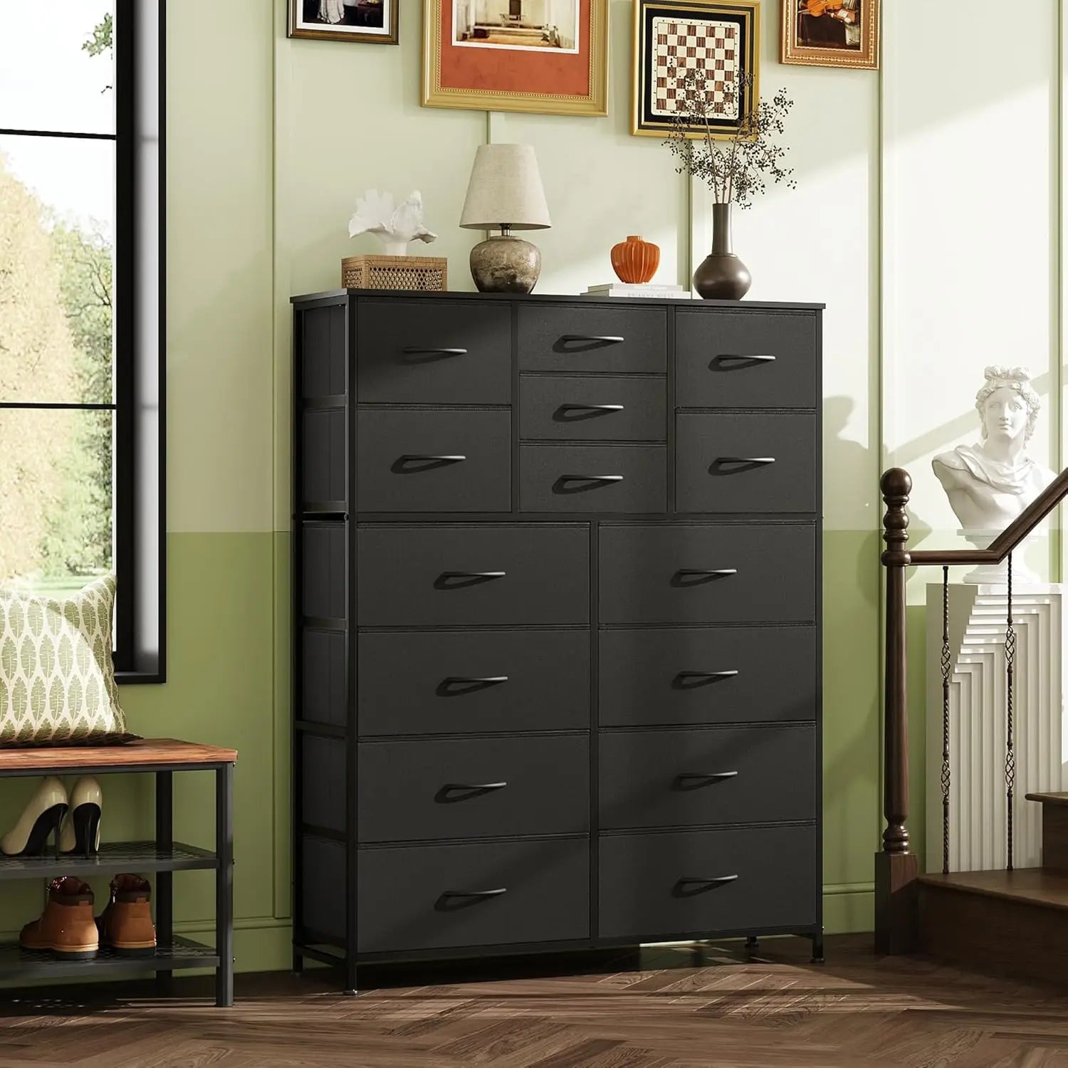 Tall Black Dresser for Bedroom Furniture, Fabric Dressers Storage Tower with 15 Deep Drawers,  Wooden Top