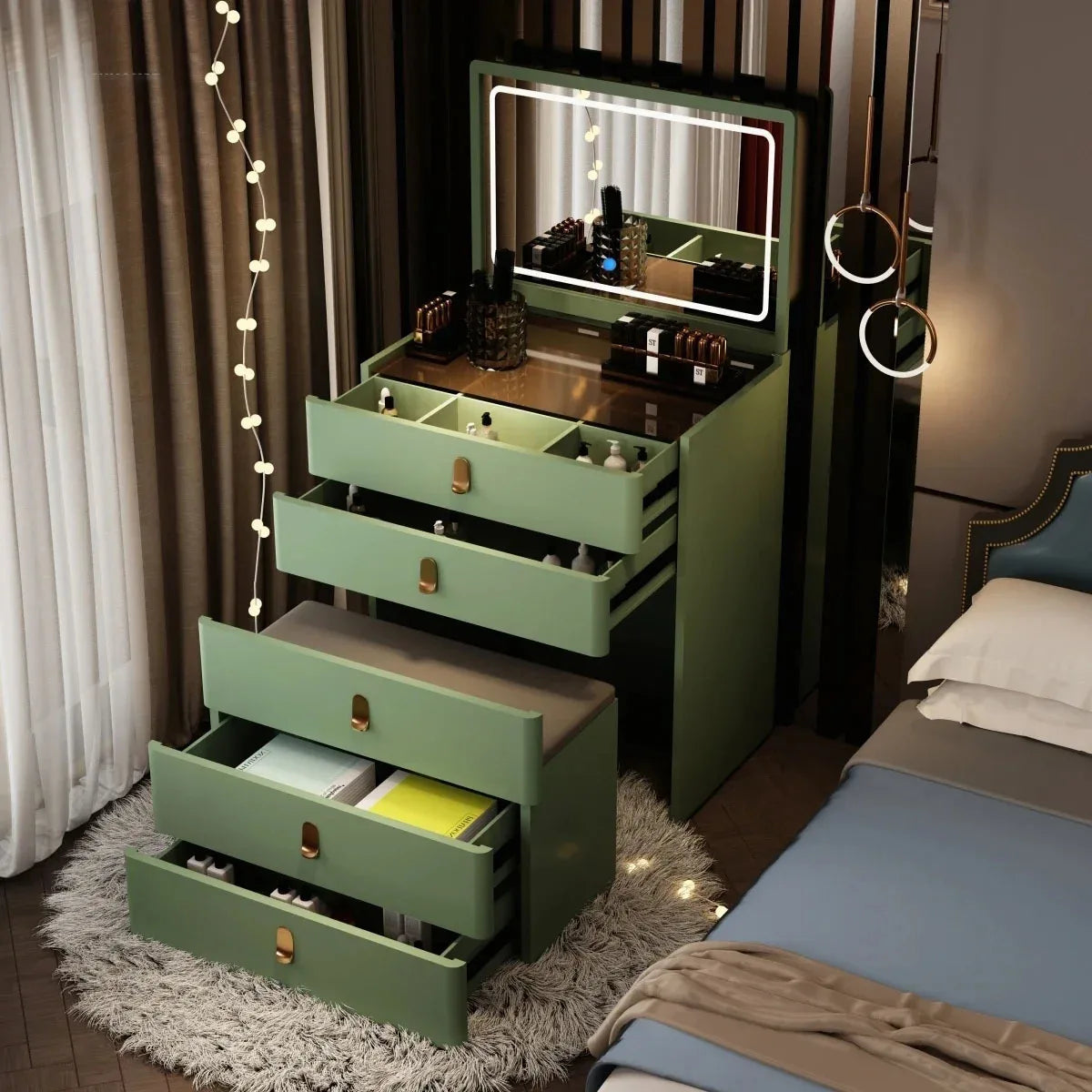 Italian Solid Wood Dresser for Model Room Simple Small Flip Mirror Dressers Light Luxury Household Dressing Table for Bedroom