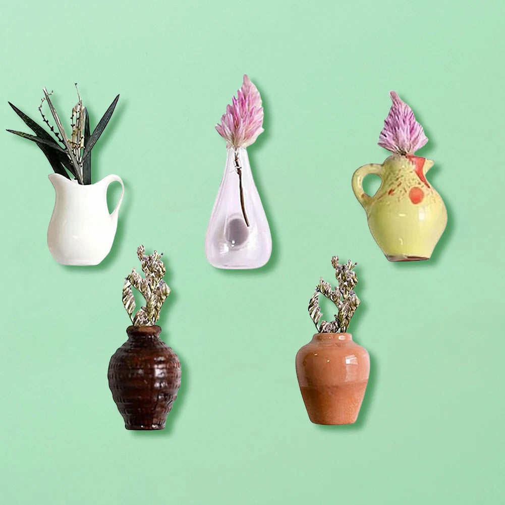 3-14pcs Set Mini Ceramics Vase Fridge Magnets Label Mini Bonsai Magnet Button Potted Simulation Flower Vase Refrigerator Message